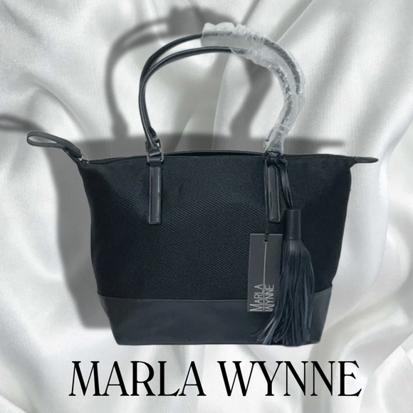New MARLA WYNNE HSN Black Mesh Tote Shoulder Bag Leather Trim and Hidden Pockets - Picture 1 of 15